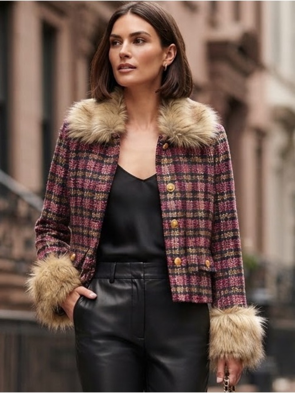 Prosperina Bouvier a pink Multi Plaid Faux Fur Trim Plaid Cropped Jacket